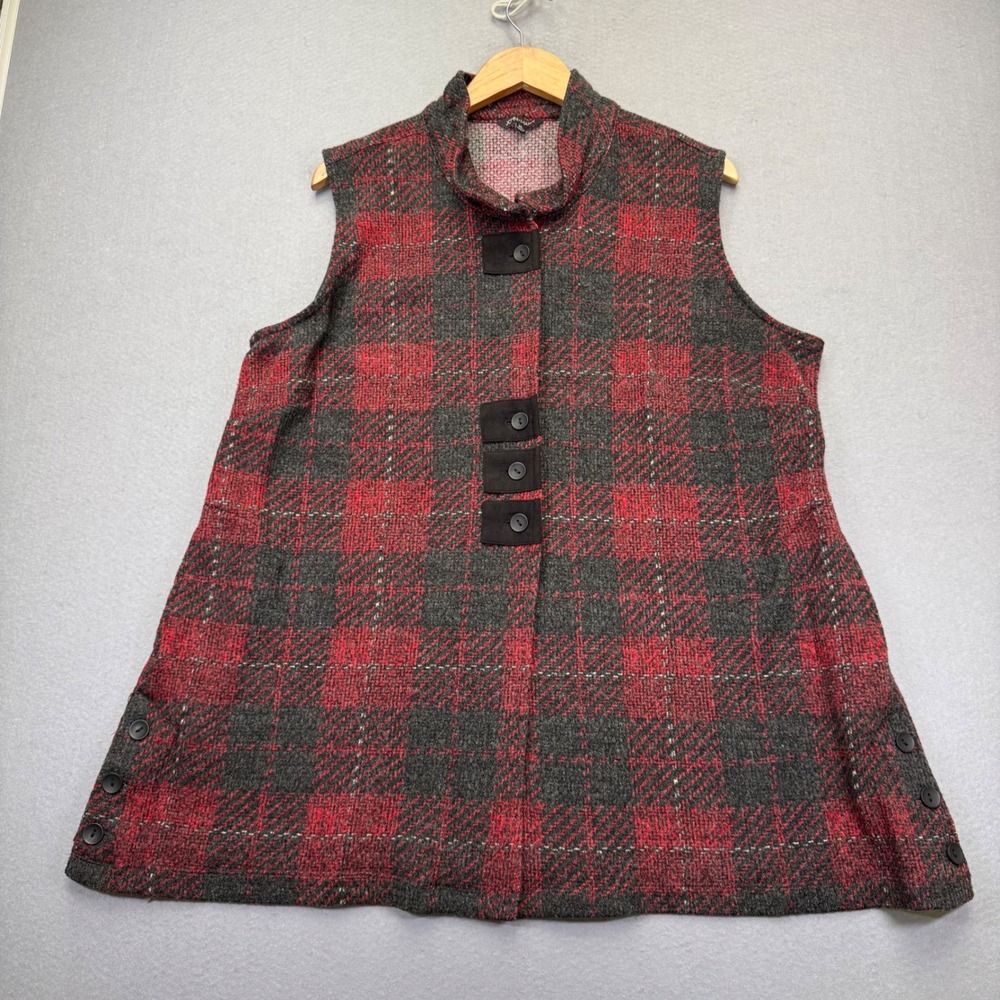John Mark Womens XL Red Plaid Funnel Neck Button Front Sleeveless Tunic Vest